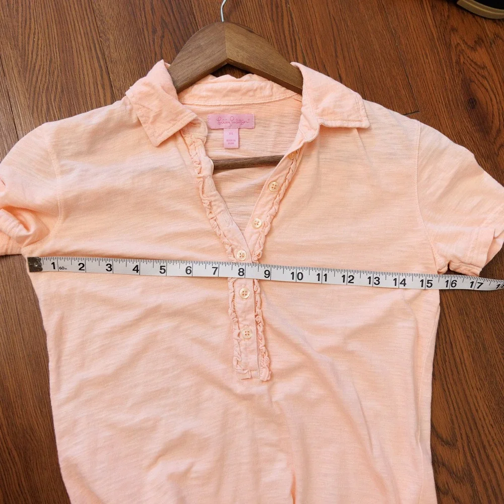 Lilly Pulitzer Womens XS Peach Pima Cotton Ruffle Slub Knit Polo Shirt Palm Tree